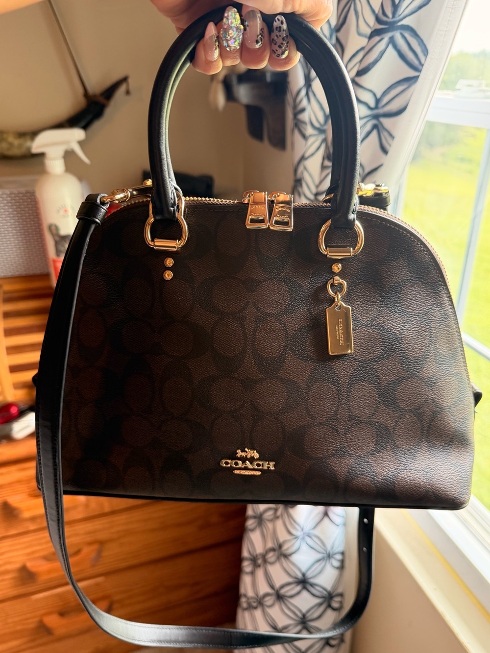 Coach Brown and Black Signature Katy Satchel with Gold Hardware